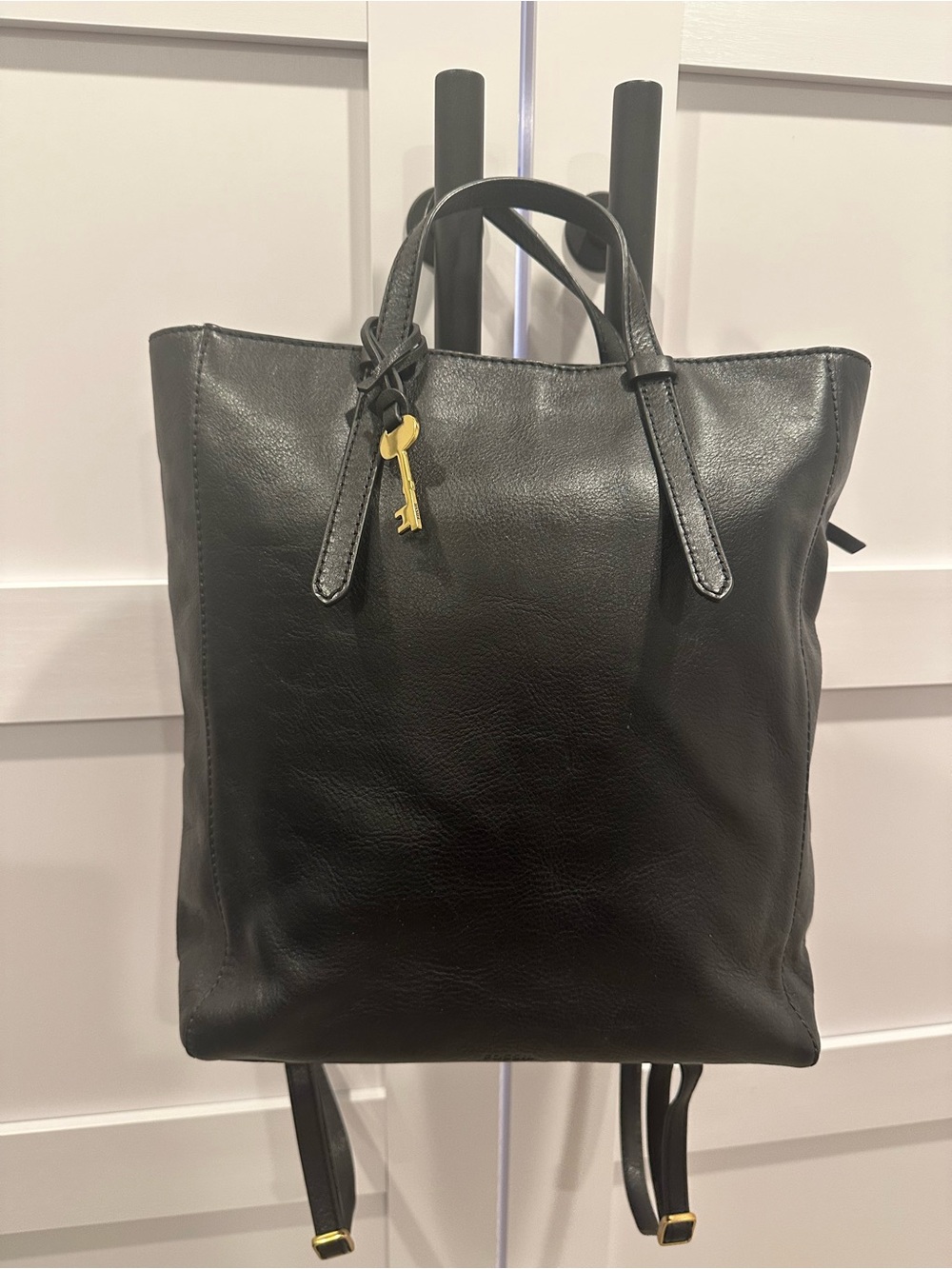 Fossil Black Leather Laptop Tote Backpack with Gold Key Charm